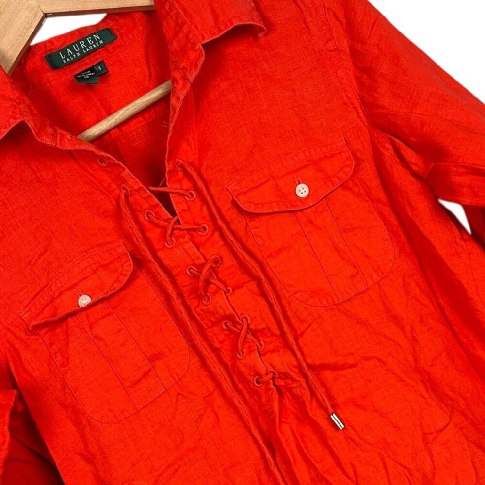Lauren Ralph Lauren Women's S 100% Linen Tunic Coastal Lace Up Resort Top Orange - Picture 1 of 12